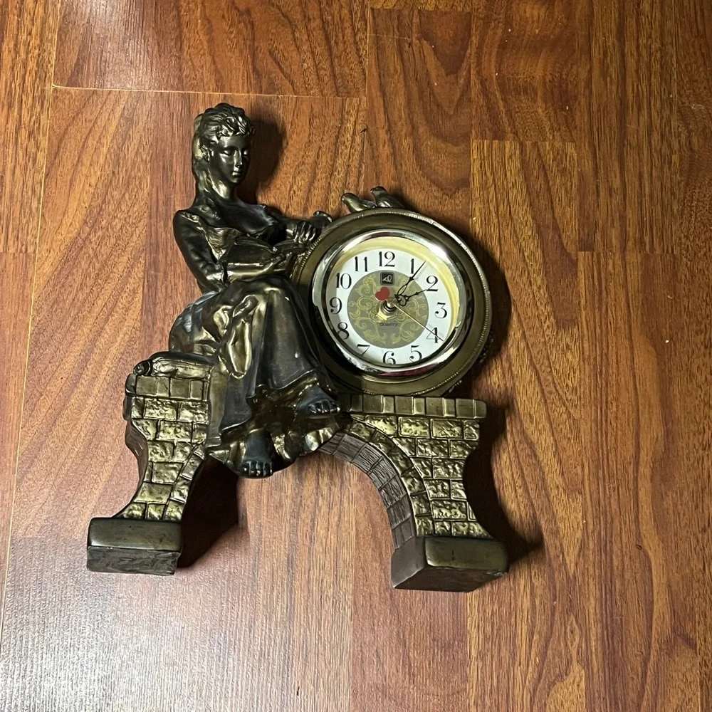 Vintage Victorian Lady Figural Clock Bronze Tone Mantel Decor Taiwan ‼️WORKS‼️